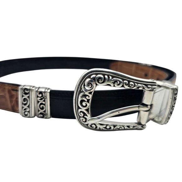 Brighton M Reversible Brown Black Croc-Embossed Leather Belt Silver Buckle - Picture 7 of 11